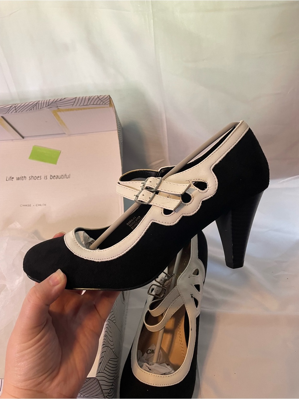 Chase + Chloe Black and White Scalloped Mary Jane Heels